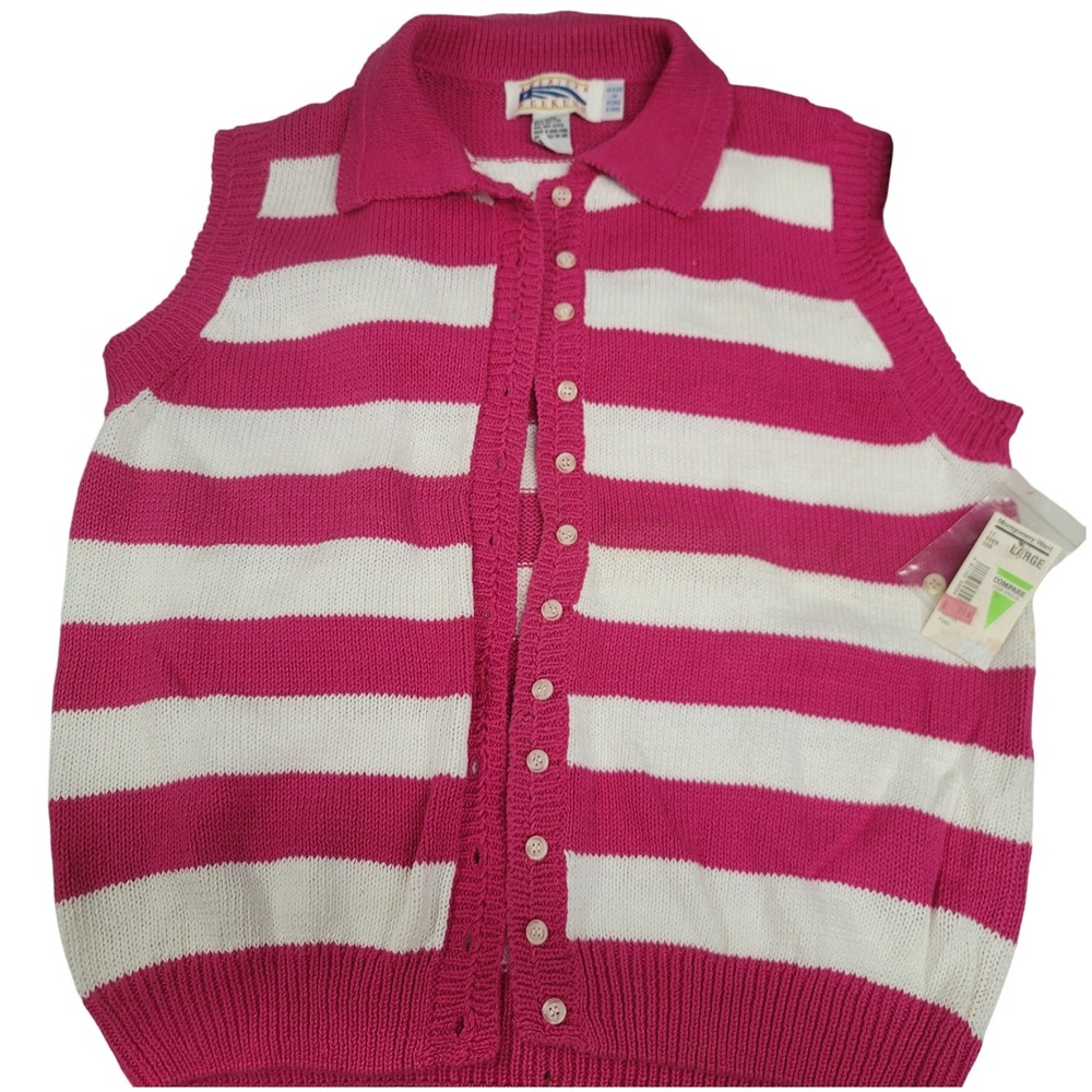 VTG American Weekend Striped Cardigan Sweater Women's‎ L Pink White Button Front